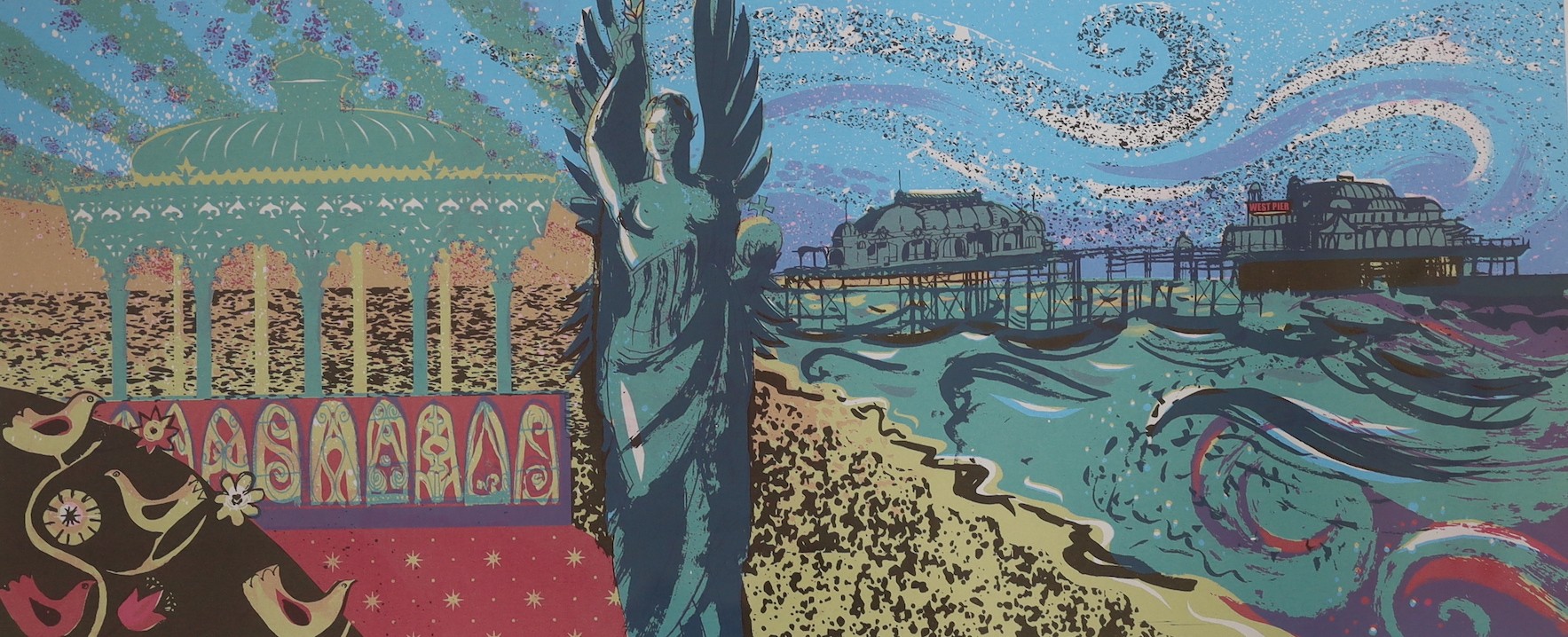 Sarah Young, limited edition screenprint, ‘Starlings Over West Pier’, 61/100, signed, 32 x 64cm